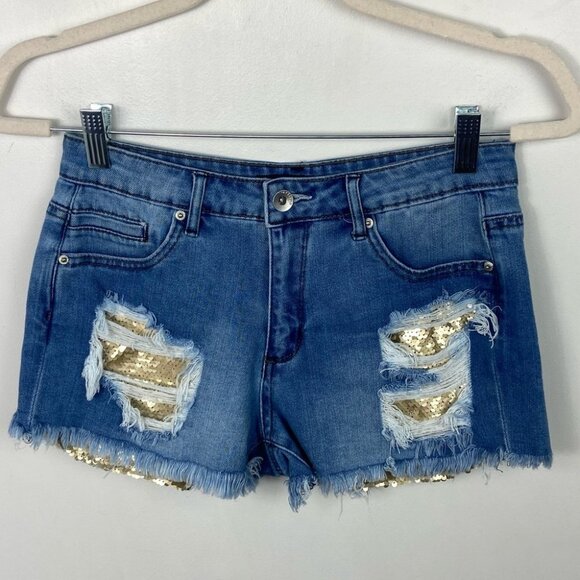 Tractr Blue Destructed Denim Shorts Gold Sequin Pockets Size 25 Bohemian Boho - Picture 4 of 11